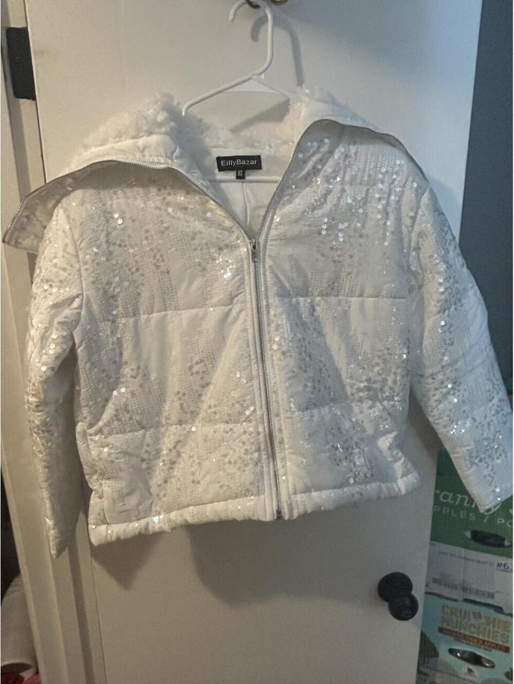 Brand new Eilly Bazar White sequin winter jacket with faux fur lining, size XS